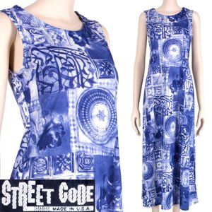 S M Vintage 1990s STREET CODE Blue Abstract Patterns Maxi Dress 90s Y2K
